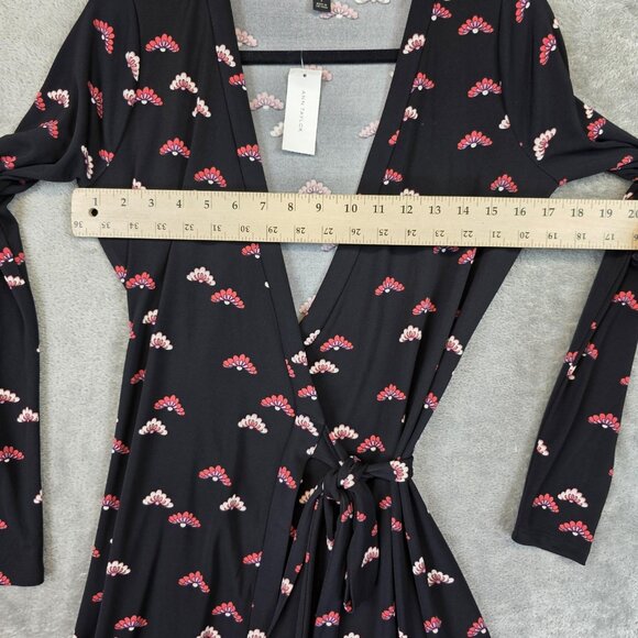 Ann Taylor Dress Womens 2 Black Floral Wrap V Neck Tie Waist Long Sleeve Jersey - Picture 10 of 12